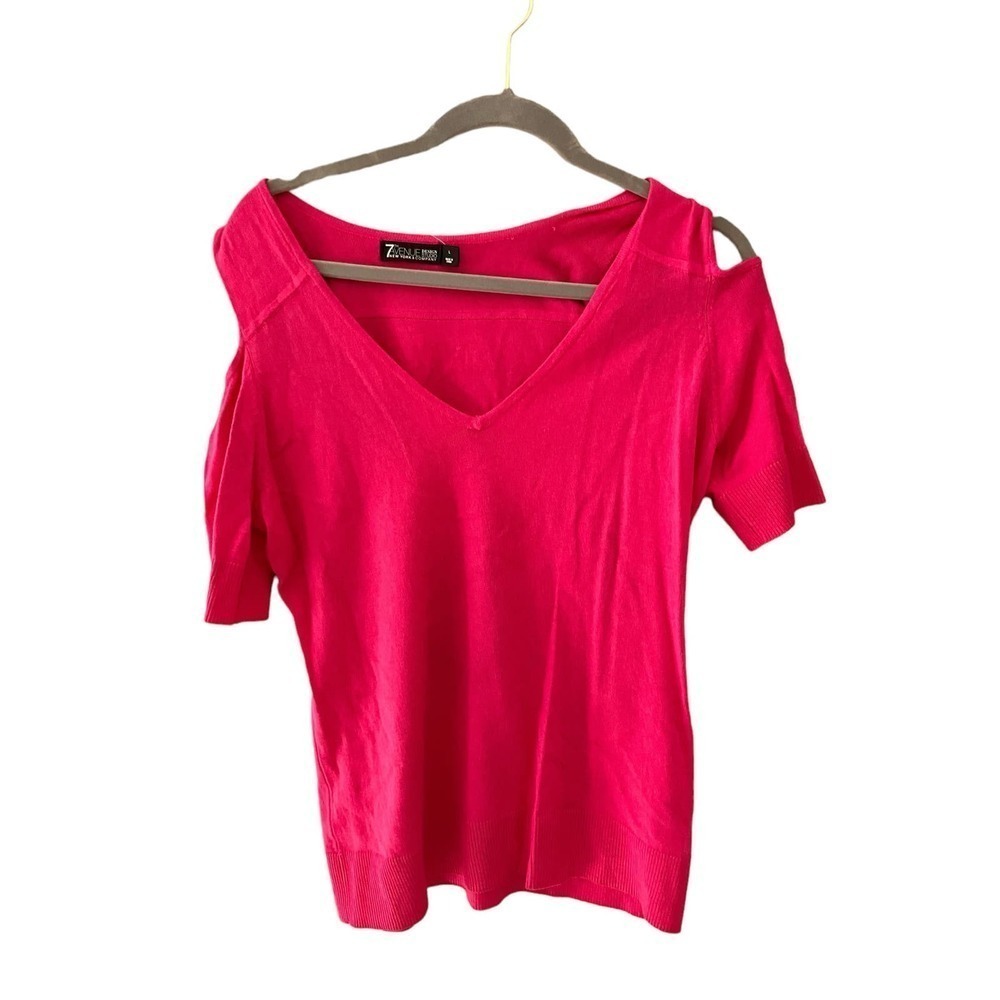 NY & Company Pullover Sweater Women's L Pink Short Cold Shoulder Sleeve V-Neck